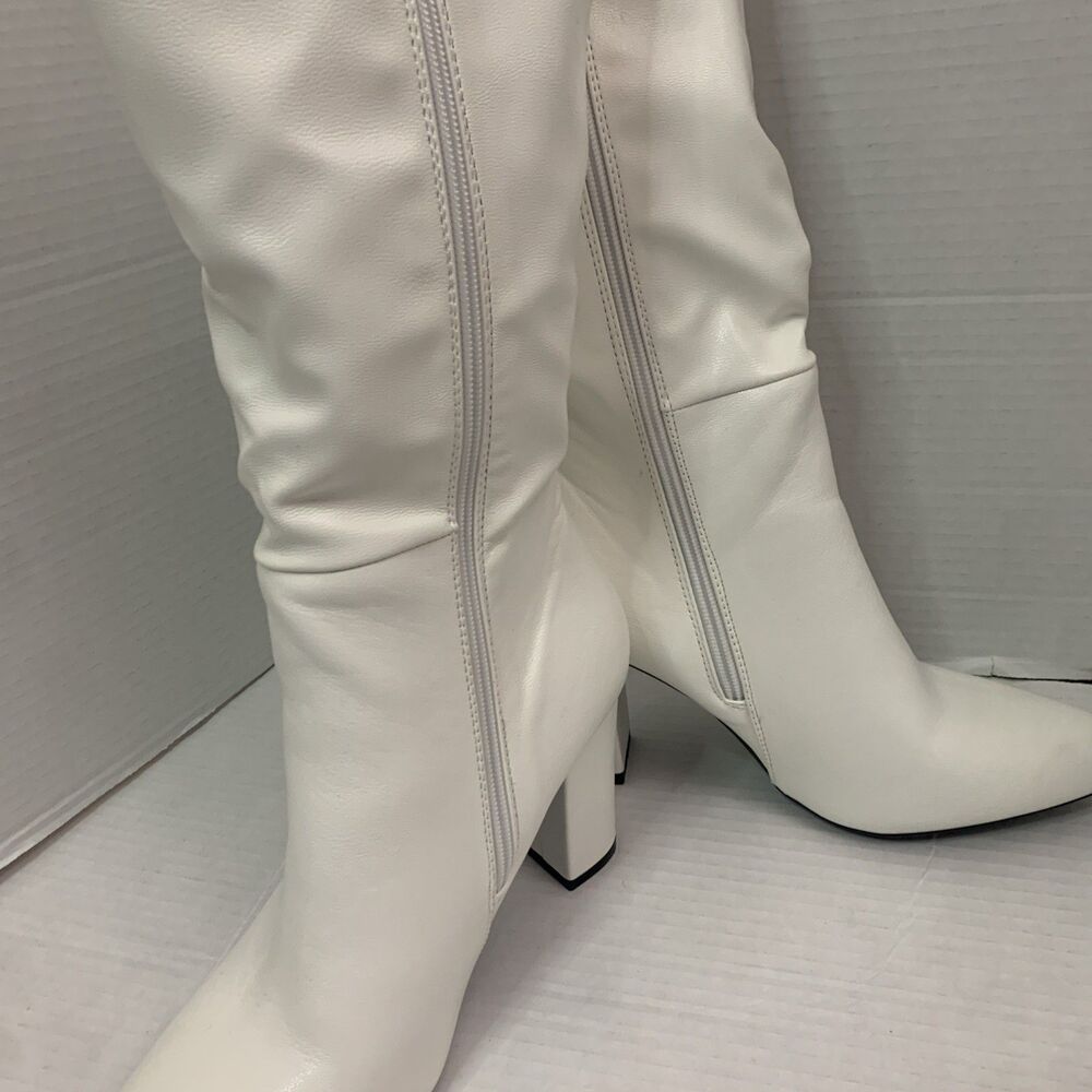 Womens Pointed Toe Zip Up Formal Chunky High Heel Knee High Boots - Picture 5 of 8